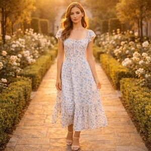 Worth Collective Emery Cottagecore Floral Midi Sundress L Blue White Romantic